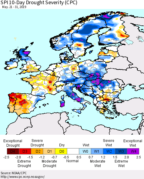 Europe SPI 10-Day Drought Severity (CPC) Thematic Map For 5/21/2019 - 5/31/2019