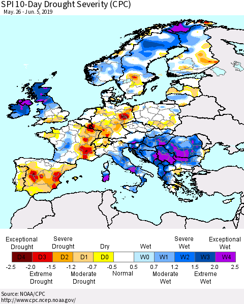 Europe SPI 10-Day Drought Severity (CPC) Thematic Map For 5/26/2019 - 6/5/2019