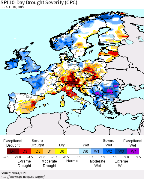 Europe SPI 10-Day Drought Severity (CPC) Thematic Map For 6/1/2019 - 6/10/2019