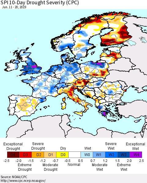 Europe SPI 10-Day Drought Severity (CPC) Thematic Map For 6/11/2019 - 6/20/2019