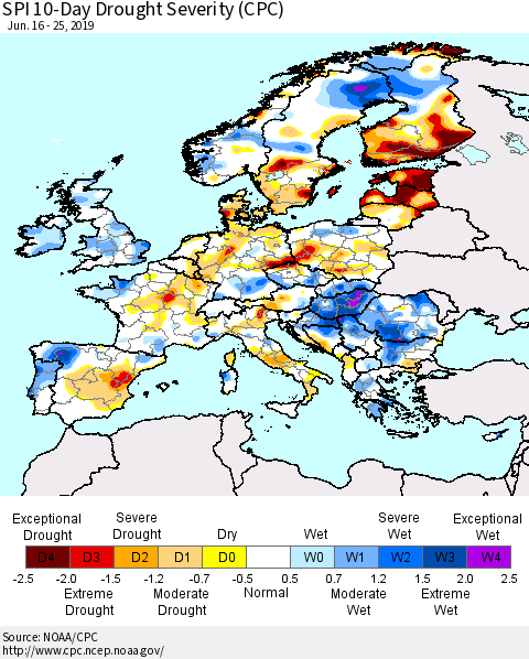 Europe SPI 10-Day Drought Severity (CPC) Thematic Map For 6/16/2019 - 6/25/2019
