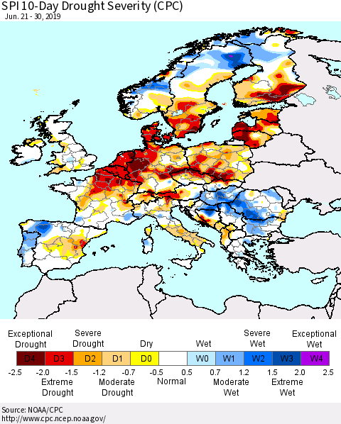 Europe SPI 10-Day Drought Severity (CPC) Thematic Map For 6/21/2019 - 6/30/2019