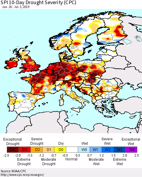 Europe SPI 10-Day Drought Severity (CPC) Thematic Map For 6/26/2019 - 7/5/2019