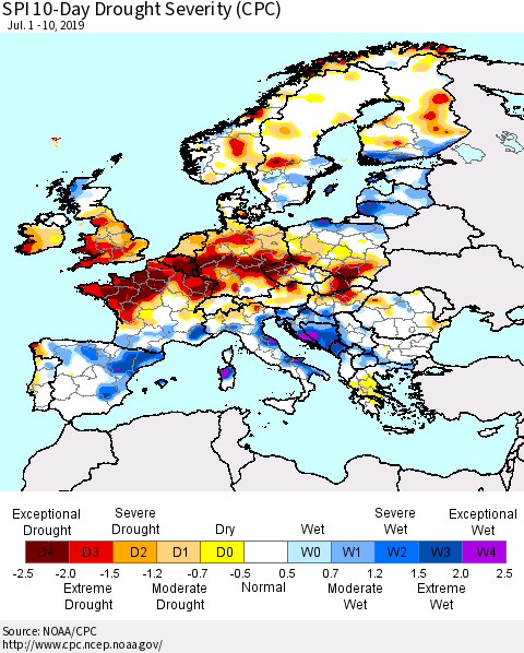 Europe SPI 10-Day Drought Severity (CPC) Thematic Map For 7/1/2019 - 7/10/2019