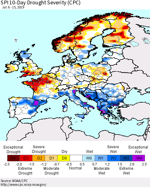 Europe SPI 10-Day Drought Severity (CPC) Thematic Map For 7/6/2019 - 7/15/2019