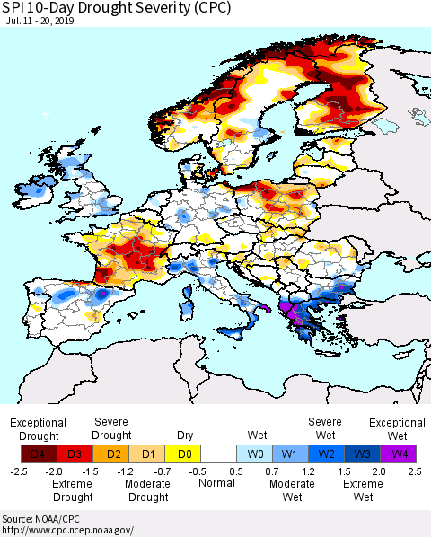 Europe SPI 10-Day Drought Severity (CPC) Thematic Map For 7/11/2019 - 7/20/2019