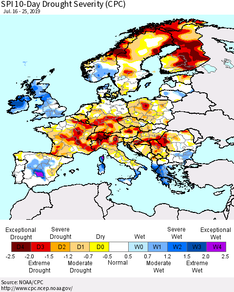 Europe SPI 10-Day Drought Severity (CPC) Thematic Map For 7/16/2019 - 7/25/2019