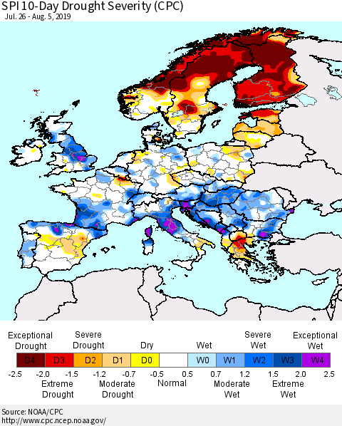 Europe SPI 10-Day Drought Severity (CPC) Thematic Map For 7/26/2019 - 8/5/2019