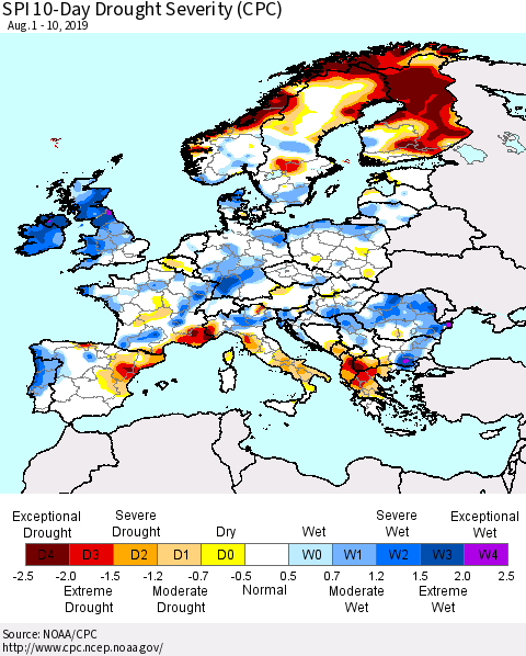 Europe SPI 10-Day Drought Severity (CPC) Thematic Map For 8/1/2019 - 8/10/2019