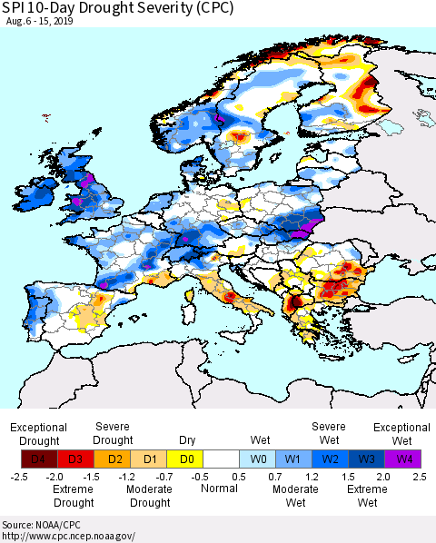 Europe SPI 10-Day Drought Severity (CPC) Thematic Map For 8/6/2019 - 8/15/2019