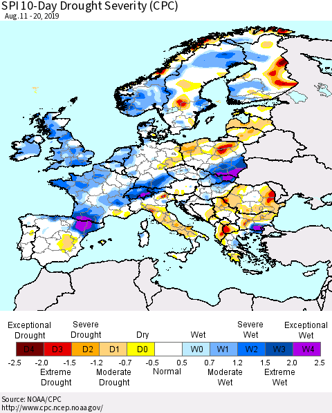 Europe SPI 10-Day Drought Severity (CPC) Thematic Map For 8/11/2019 - 8/20/2019