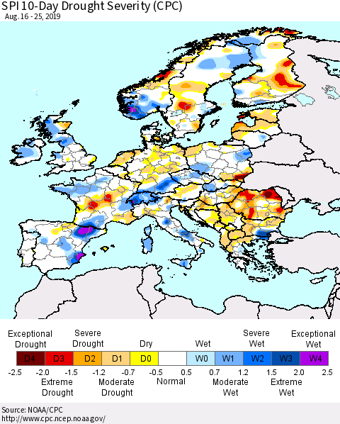 Europe SPI 10-Day Drought Severity (CPC) Thematic Map For 8/16/2019 - 8/25/2019