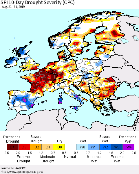 Europe SPI 10-Day Drought Severity (CPC) Thematic Map For 8/21/2019 - 8/31/2019