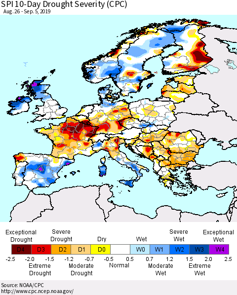 Europe SPI 10-Day Drought Severity (CPC) Thematic Map For 8/26/2019 - 9/5/2019
