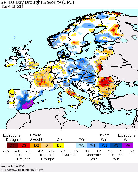 Europe SPI 10-Day Drought Severity (CPC) Thematic Map For 9/6/2019 - 9/15/2019