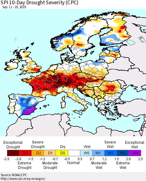 Europe SPI 10-Day Drought Severity (CPC) Thematic Map For 9/11/2019 - 9/20/2019