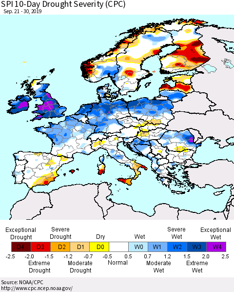 Europe SPI 10-Day Drought Severity (CPC) Thematic Map For 9/21/2019 - 9/30/2019