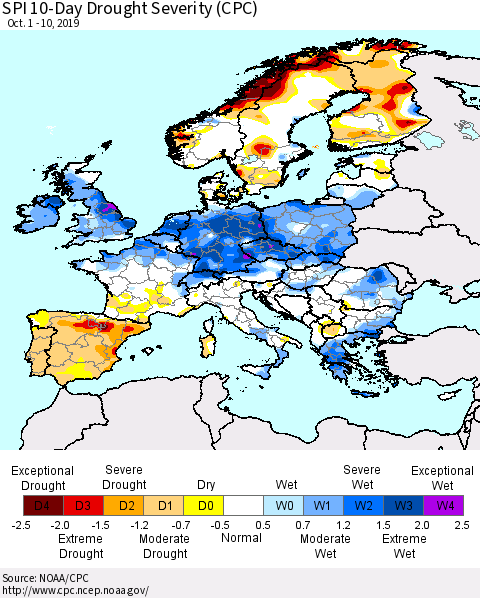 Europe SPI 10-Day Drought Severity (CPC) Thematic Map For 10/1/2019 - 10/10/2019