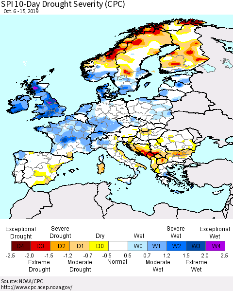 Europe SPI 10-Day Drought Severity (CPC) Thematic Map For 10/6/2019 - 10/15/2019