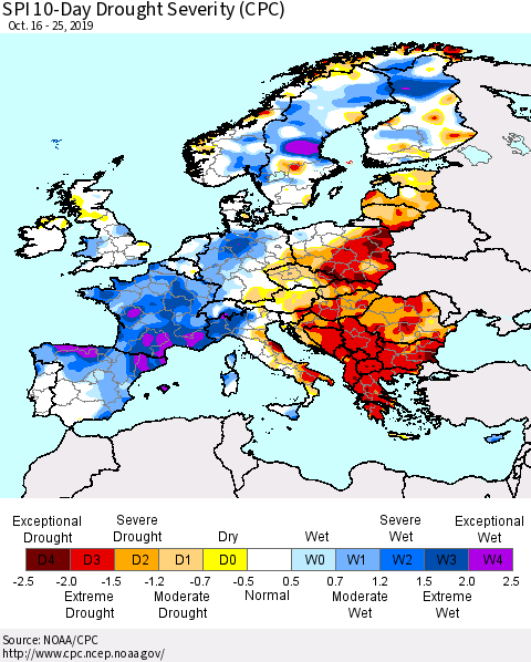 Europe SPI 10-Day Drought Severity (CPC) Thematic Map For 10/16/2019 - 10/25/2019