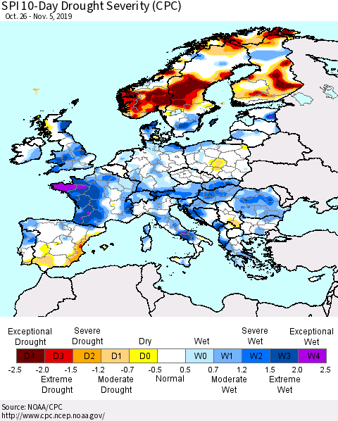 Europe SPI 10-Day Drought Severity (CPC) Thematic Map For 10/26/2019 - 11/5/2019