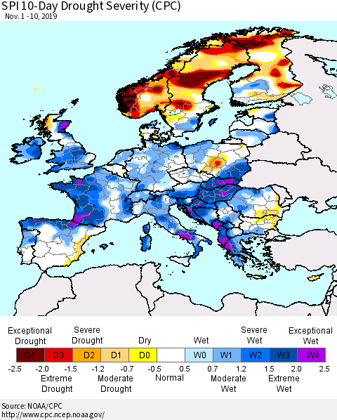 Europe SPI 10-Day Drought Severity (CPC) Thematic Map For 11/1/2019 - 11/10/2019