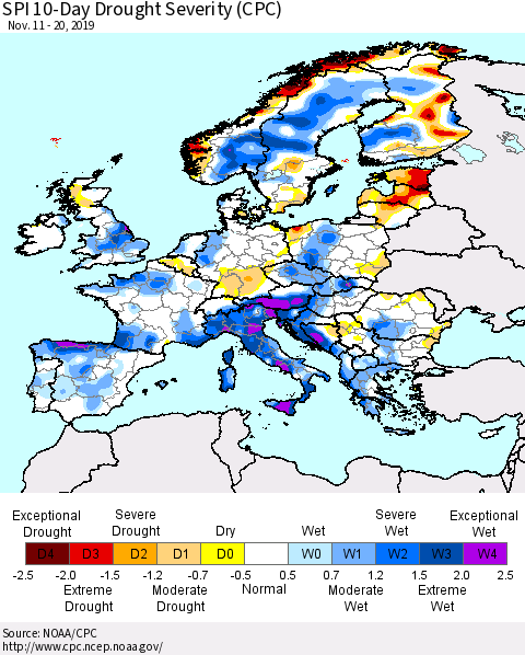 Europe SPI 10-Day Drought Severity (CPC) Thematic Map For 11/11/2019 - 11/20/2019