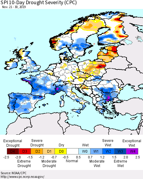 Europe SPI 10-Day Drought Severity (CPC) Thematic Map For 11/21/2019 - 11/30/2019