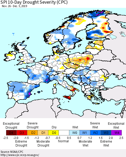 Europe SPI 10-Day Drought Severity (CPC) Thematic Map For 11/26/2019 - 12/5/2019