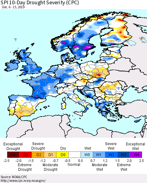 Europe SPI 10-Day Drought Severity (CPC) Thematic Map For 12/6/2019 - 12/15/2019