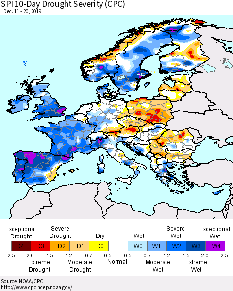 Europe SPI 10-Day Drought Severity (CPC) Thematic Map For 12/11/2019 - 12/20/2019