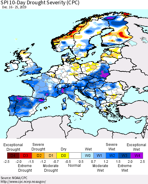 Europe SPI 10-Day Drought Severity (CPC) Thematic Map For 12/16/2019 - 12/25/2019
