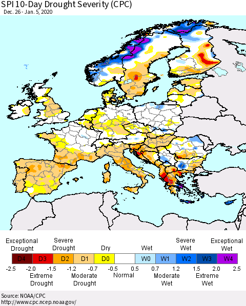 Europe SPI 10-Day Drought Severity (CPC) Thematic Map For 12/26/2019 - 1/5/2020