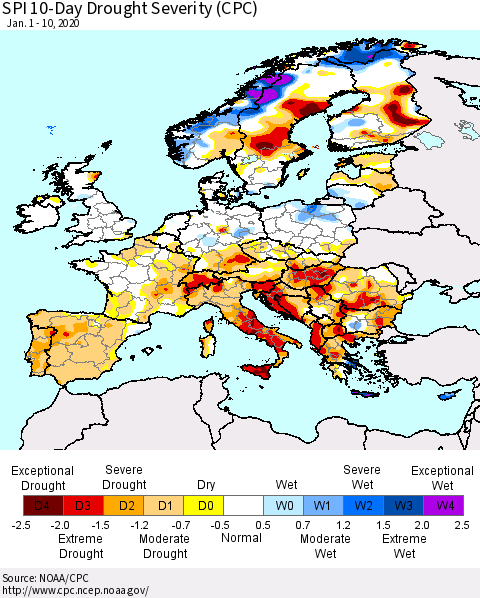 Europe SPI 10-Day Drought Severity (CPC) Thematic Map For 1/1/2020 - 1/10/2020