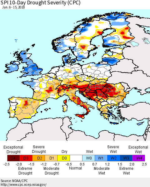 Europe SPI 10-Day Drought Severity (CPC) Thematic Map For 1/6/2020 - 1/15/2020