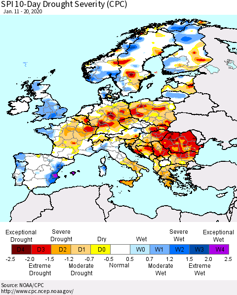 Europe SPI 10-Day Drought Severity (CPC) Thematic Map For 1/11/2020 - 1/20/2020
