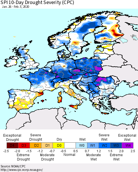 Europe SPI 10-Day Drought Severity (CPC) Thematic Map For 1/26/2020 - 2/5/2020