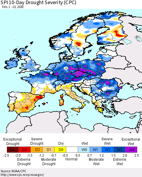 Europe SPI 10-Day Drought Severity (CPC) Thematic Map For 2/1/2020 - 2/10/2020