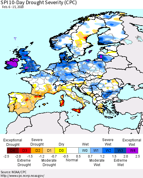Europe SPI 10-Day Drought Severity (CPC) Thematic Map For 2/6/2020 - 2/15/2020