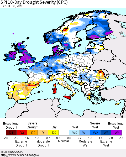 Europe SPI 10-Day Drought Severity (CPC) Thematic Map For 2/11/2020 - 2/20/2020