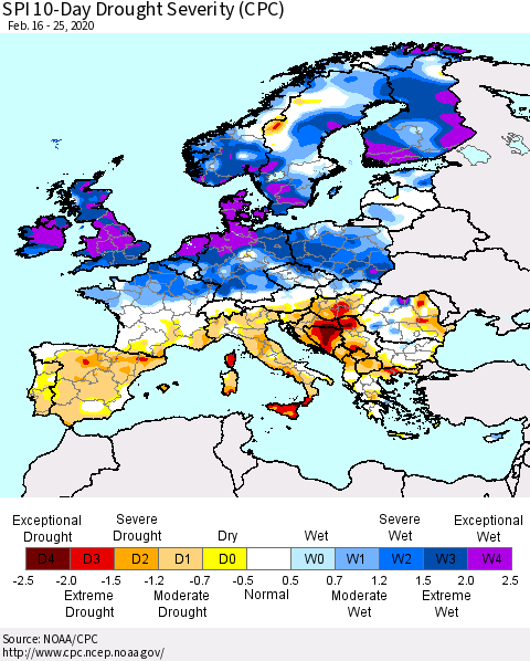 Europe SPI 10-Day Drought Severity (CPC) Thematic Map For 2/16/2020 - 2/25/2020