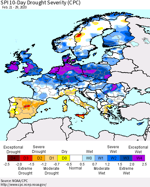 Europe SPI 10-Day Drought Severity (CPC) Thematic Map For 2/21/2020 - 2/29/2020