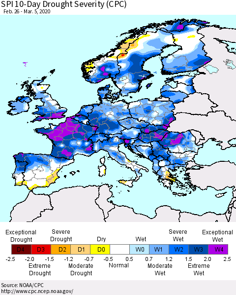 Europe SPI 10-Day Drought Severity (CPC) Thematic Map For 2/26/2020 - 3/5/2020