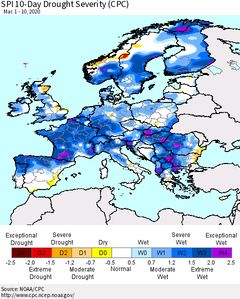 Europe SPI 10-Day Drought Severity (CPC) Thematic Map For 3/1/2020 - 3/10/2020