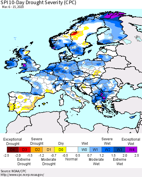 Europe SPI 10-Day Drought Severity (CPC) Thematic Map For 3/6/2020 - 3/15/2020