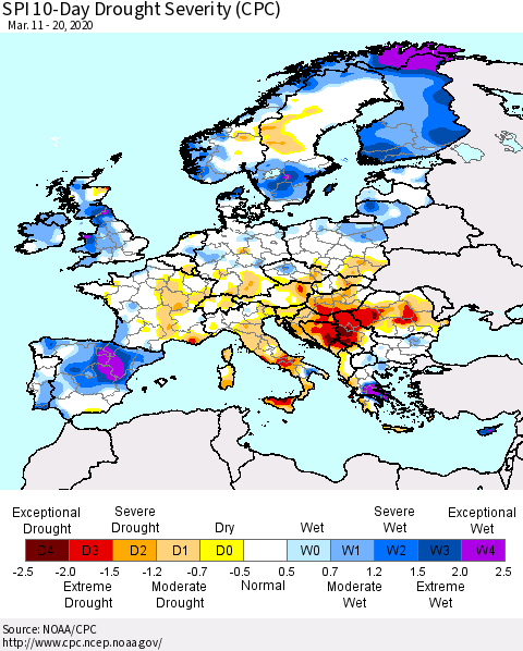 Europe SPI 10-Day Drought Severity (CPC) Thematic Map For 3/11/2020 - 3/20/2020
