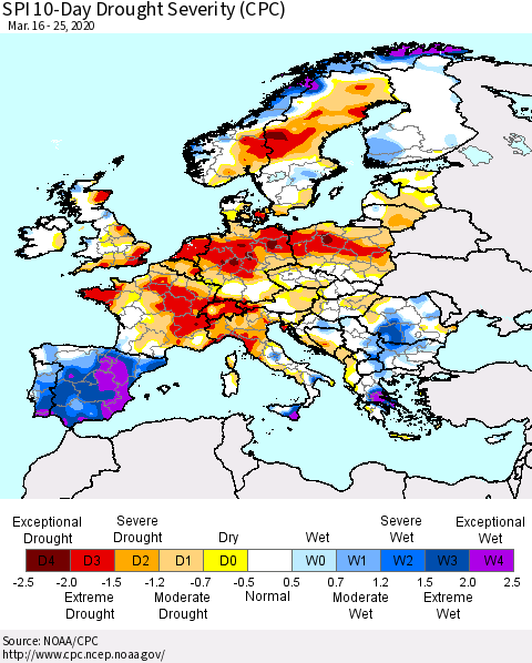 Europe SPI 10-Day Drought Severity (CPC) Thematic Map For 3/16/2020 - 3/25/2020