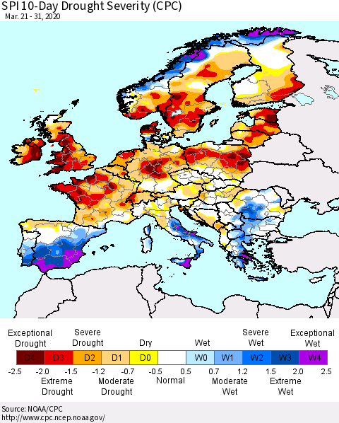 Europe SPI 10-Day Drought Severity (CPC) Thematic Map For 3/21/2020 - 3/31/2020