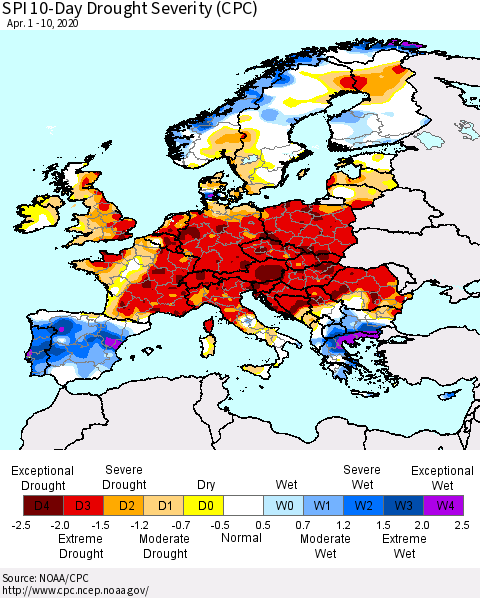 Europe SPI 10-Day Drought Severity (CPC) Thematic Map For 4/1/2020 - 4/10/2020