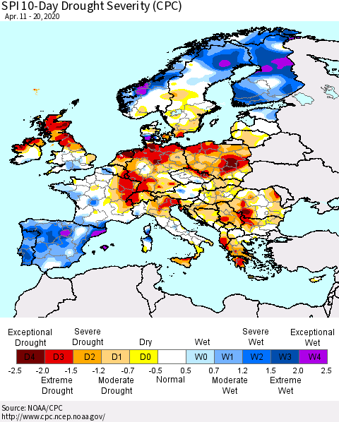 Europe SPI 10-Day Drought Severity (CPC) Thematic Map For 4/11/2020 - 4/20/2020
